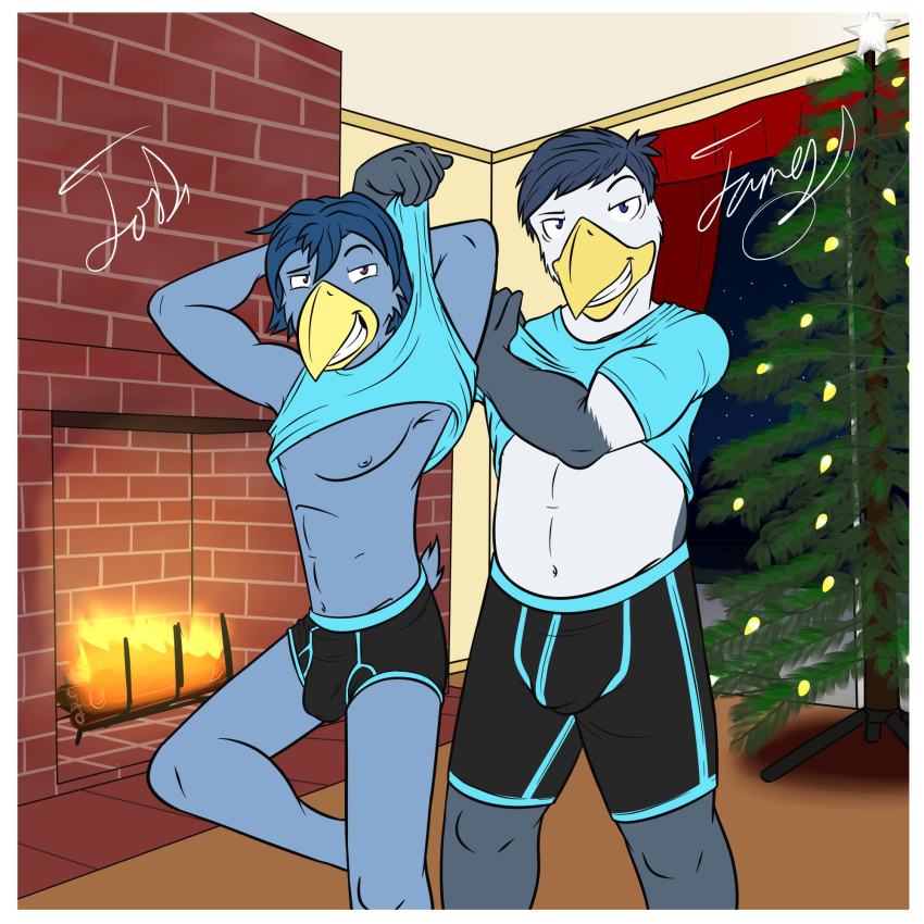 1:1 anthro avian bird bluebird boxer_briefs briefs bulge christmas clothed clothing clothing_lift duo father father_and_child father_and_son fuze hi_res holidays josh_oliver male navel nipples parent parent_and_child shirt shirt_lift son t-shirt tank_top texnatsu topwear underwear