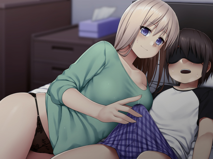 1boy 1girl age_difference bangs bed black_hair black_panties blindfold blonde_hair blurry blurry_background blush boxer_briefs breasts breath bulge closed_mouth crotch_seam cum cum_string erection erection_under_clothes eyebrows_visible_through_hair green_shirt heavy_breathing hetero kamata_yuuya large_breasts long_hair long_sleeves looking_down lying on_back on_bed on_side open_mouth original panties precum raglan_sleeves shirt short_sleeves shota smile sweat sweatdrop t-shirt tissue_box underwear