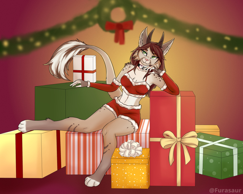 2019 5:4 absurd_res anthro arm_warmers armwear bare_legs bottomwear carmine_embershard christmas clothed clothing collar dragon felid feline female furasaur gift hi_res holidays horn hybrid inside leaning long_tail lynx mammal partially_clothed shaded shorts sitting smile solo topwear