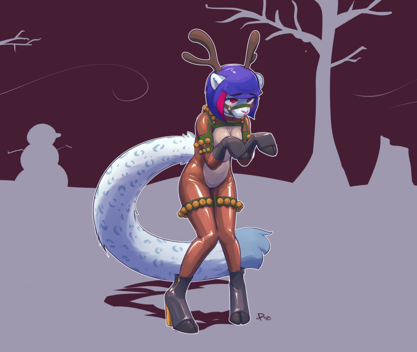 2018 anthro antlers bell blue_hair breasts capreoline cervid clothing felid female footwear hair high_heels highlights_(coloring) horn hybrid looking_up mammal mew_(helixjack) outside pantherine poiuytrew red_eyes red_highlights reindeer rubber shoes smile snow_leopard solo standing