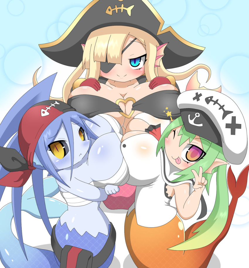 !_! ashel_(monster_girl_quest) big_breasts bonnie_(monster_girl_quest) breast_squish breasts eye_patch eyewear female group hi_res huge_breasts marine merfolk mermaid_pirate_(monster_girl_quest) monster_girl_(genre) monster_girl_quest pirate squish video_games