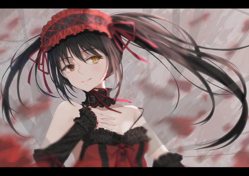 1girl black_hair breasts choker clock_eyes date_a_live detached_sleeves hairband hand_on_own_chest heterochromia highres jiuyue_lin lace lace_choker letterboxed lolita_fashion lolita_hairband long_hair medium_breasts motion_blur red_eyes smile solo strap_slip symbol-shaped_pupils tokisaki_kurumi twintails yellow_eyes