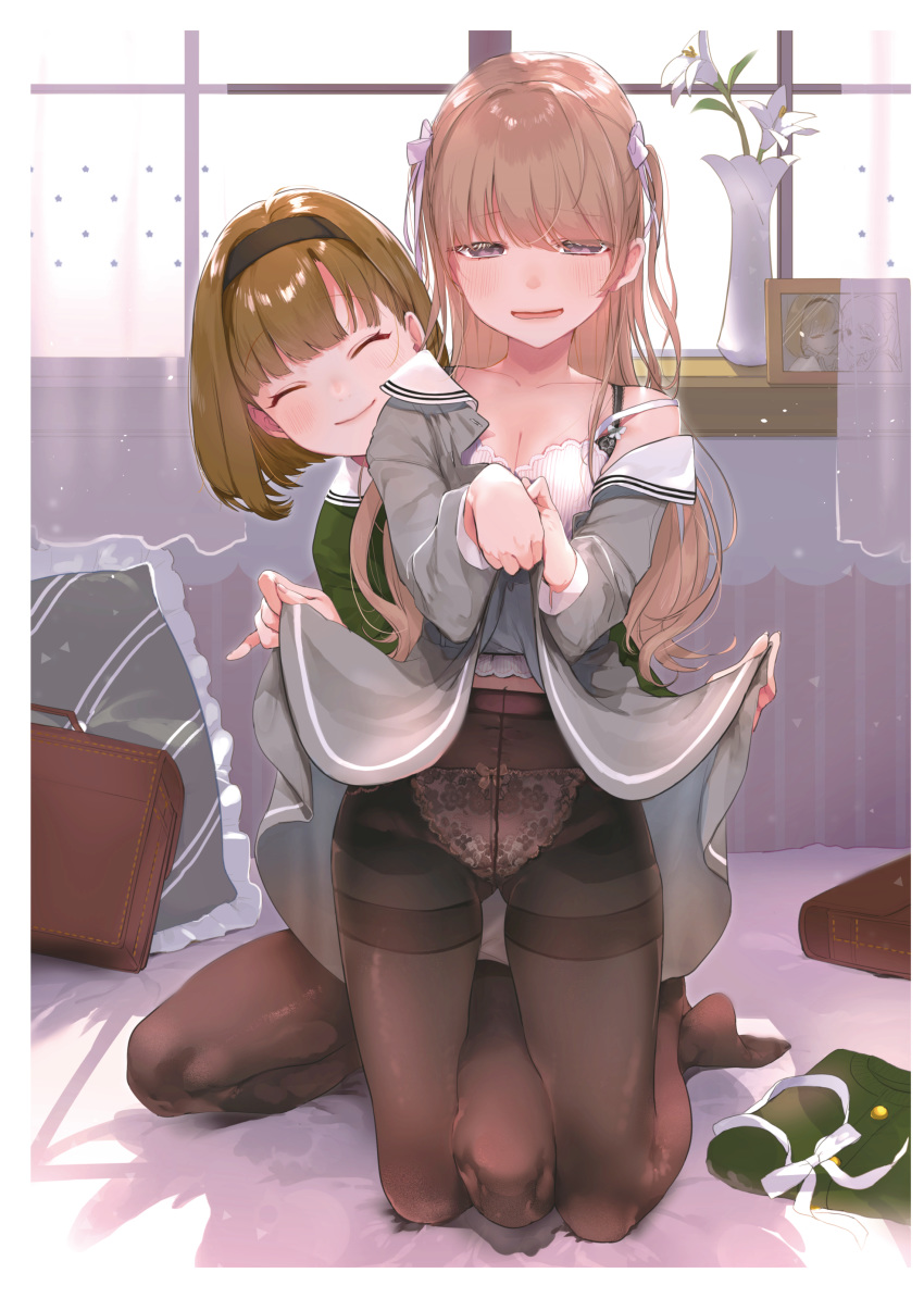 2girls ^_^ absurdres ass_visible_through_thighs bag blush bra breasts brown_hair camisole cleavage closed_eyes crotch_seam daffodil embarrassed eyebrows_visible_through_hair feet flower hair_ribbon hairband head_tilt highres indoors kneeling lifted_by_another long_hair long_sleeves mayuri_kaichou multiple_girls navel off_shoulder on_bed original panties panties_under_pantyhose pantyhose pinky_out purple_eyes ribbon school_bag school_briefcase school_uniform short_hair sitting skirt skirt_lift small_breasts smile strap_slip thighband_pantyhose two_side_up underwear white_panties yokozuwari