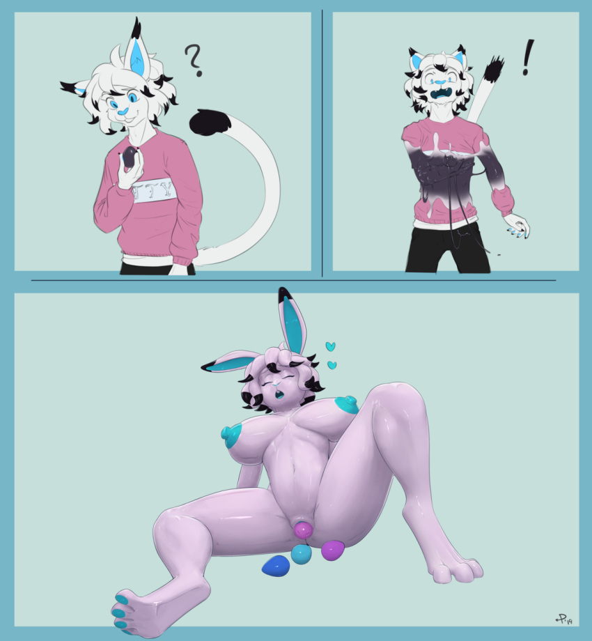 &lt;3 2019 anthro blue_eyes blue_nose bottomwear butt clothing egg eyes_closed felid feline female fur gender_transformation goo_transformation hair hi_res lagomorph leporid male mammal mtf_transformation nox_(yajuu) nude open_mouth oviposition pants poiuytrew pussy rabbit sequence shirt smile solo species_transformation spread_legs spreading surprise topwear transformation white_body white_fur white_hair