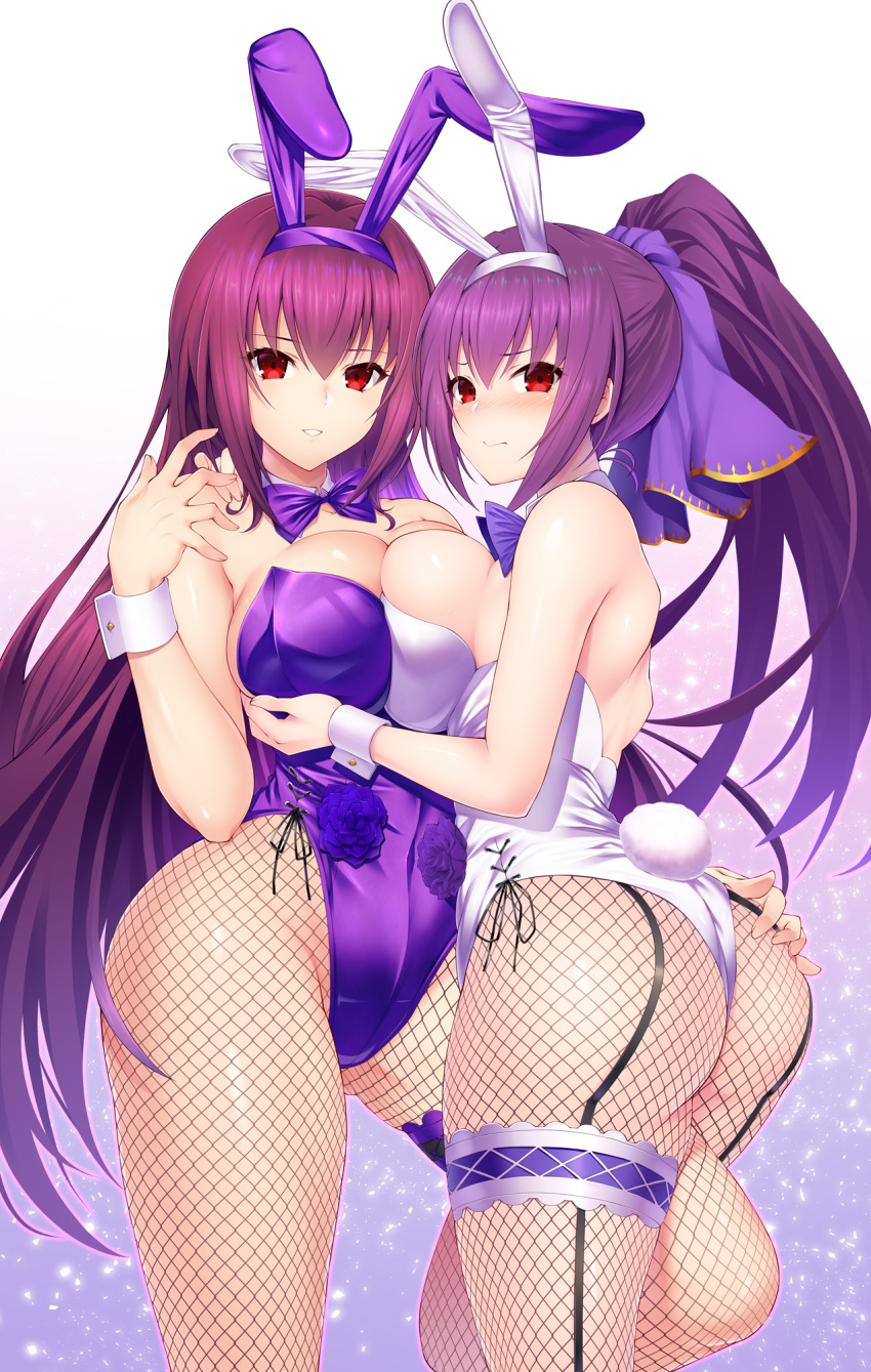 animal_ears ass breast_hold bunny_ears bunny_girl cleavage emanon_123 fate/grand_order fishnets garter pantyhose scathach_(fate/grand_order) scathach_skadi tail