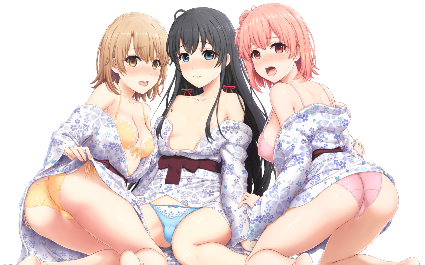 ass black_hair blonde_hair bra inanaki_shiki isshiki_iroha japanese_clothes long_hair open_shirt panties pink_hair underwear yahari_ore_no_seishun_love_come_wa_machigatteiru. yuigahama_yui yukata yukinoshita_yukino