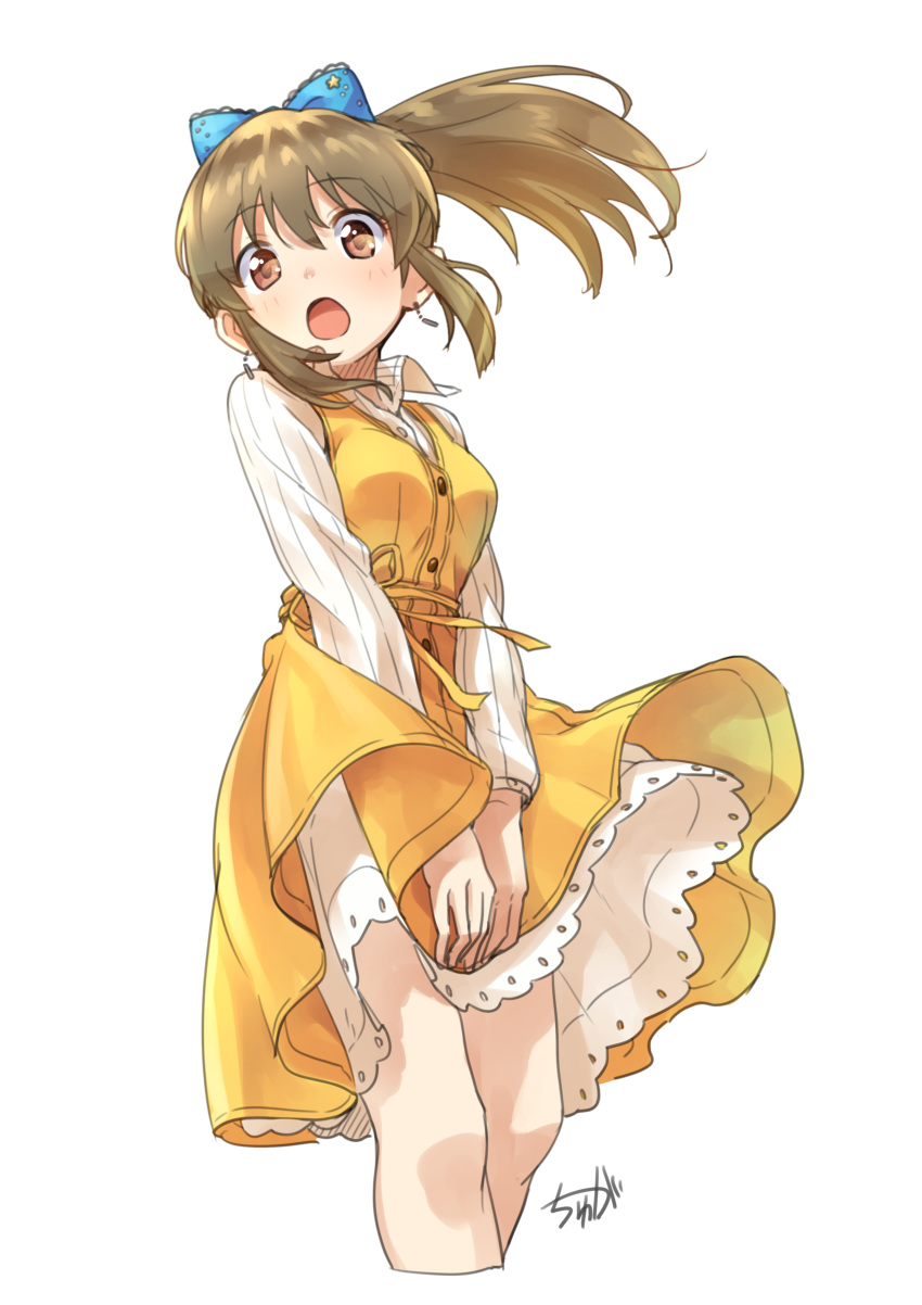 1girl :o absurdres blush bow brown_eyes brown_hair collared_dress cropped_legs dress earrings eyebrows_visible_through_hair hair_bow hands_together high_ponytail highres hori_yuuko idolmaster idolmaster_cinderella_girls jewelry layered_dress long_hair long_sleeves open_mouth ponytail ribbon signature simple_background solo surprised tyuga white_background wind wind_lift