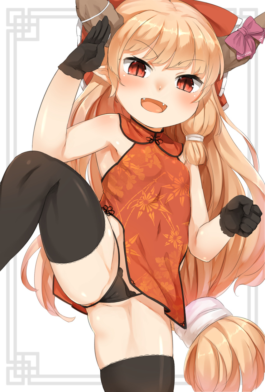 1girl anus bangs black_gloves black_legwear black_panties blunt_bangs china_dress chinese_clothes dress eyebrows_visible_through_hair fangs gloves highres horns ibuki_suika nishiuri oni open_mouth orange_hair panties red_eyes sleeveless slit_pupils solo standing standing_on_one_leg thighhighs thong touhou underwear