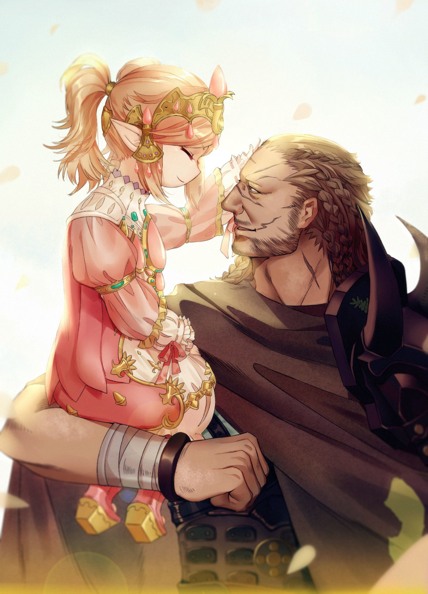 1boy 1girl bandaged_arm bandaged_wrist bandages bangs beard blonde_hair bracelet braid brown_cape brown_hair cape character_request child closed_eyes closed_mouth dama_(sindygao) dress facial_hair final_fantasy final_fantasy_xiv full_body hand_on_another's_head highres jewelry long_hair long_sleeves looking_at_viewer multiple_braids petals pink_dress pink_footwear pointy_ears ponytail scar sitting sitting_on_arm tiara upper_body