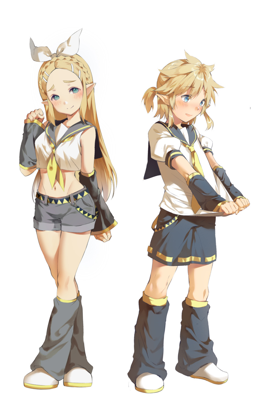 1boy 1girl absurdres arm_warmers belt between_breasts black_sailor_collar black_shorts blonde_hair blouse blue_eyes bow braid breasts clothes_grab cosplay crop_top crop_top_overhang crossed_legs crown_braid embarrassed full_body grey_shorts groin hair_bow half_updo highres hmniao kagamine_len kagamine_len_(cosplay) kagamine_rin kagamine_rin_(cosplay) leg_warmers link long_hair looking_at_viewer looking_away looking_down medium_breasts midriff navel neckerchief necktie pointy_ears ponytail princess_zelda puffy_short_sleeves puffy_sleeves sailor_collar short_sleeves shorts sidelocks smile standing the_legend_of_zelda the_legend_of_zelda:_breath_of_the_wild very_long_hair vocaloid white_blouse white_bow yellow_neckwear