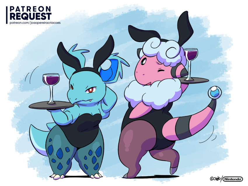 4:3 bunny_costume clothing costume female flaaffy hi_res joaoppereiraus nidorina nintendo pok&eacute;mon pok&eacute;mon_(species) video_games waiter wine_glass