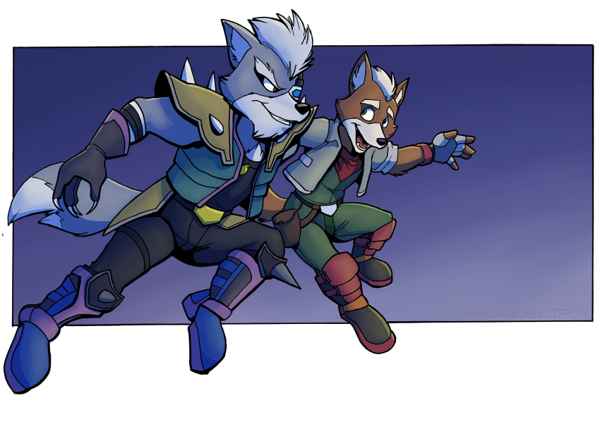 anthro canid canine canis cirruskitfox clothed clothing duo fox fox_mccloud fully_clothed fur gradient_background hi_res male mammal nintendo simple_background star_fox video_games wolf wolf_o'donnell