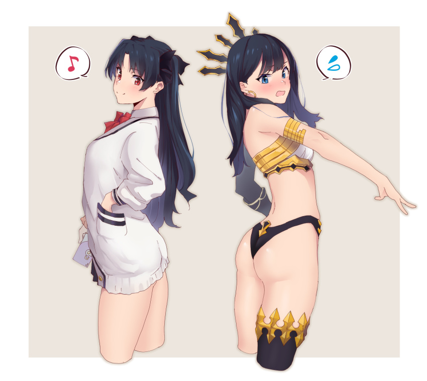 2girls alterna99 armlet ass bangs bare_shoulders bikini black_bikini_bottom black_bow black_hair black_legwear blue_eyes blush bow bowtie cellphone cosplay costume_switch cropped_legs detached_sleeves earrings eyebrows_visible_through_hair fate/grand_order fate_(series) hair_bow hand_in_pocket highres holding holding_cellphone holding_phone hoop_earrings ishtar_(fate)_(all) ishtar_(fate/grand_order) ishtar_(fate/grand_order)_(cosplay) jewelry long_hair long_sleeves mismatched_bikini multiple_girls musical_note open_mouth parted_bangs phone red_bow red_eyes red_neckwear single_detached_sleeve single_thighhigh speech_bubble spoken_musical_note spoken_sweatdrop ssss.gridman sweatdrop swimsuit takarada_rikka takarada_rikka_(cosplay) thighhighs thighlet thighs two_side_up very_long_hair white_bikini_top white_cardigan
