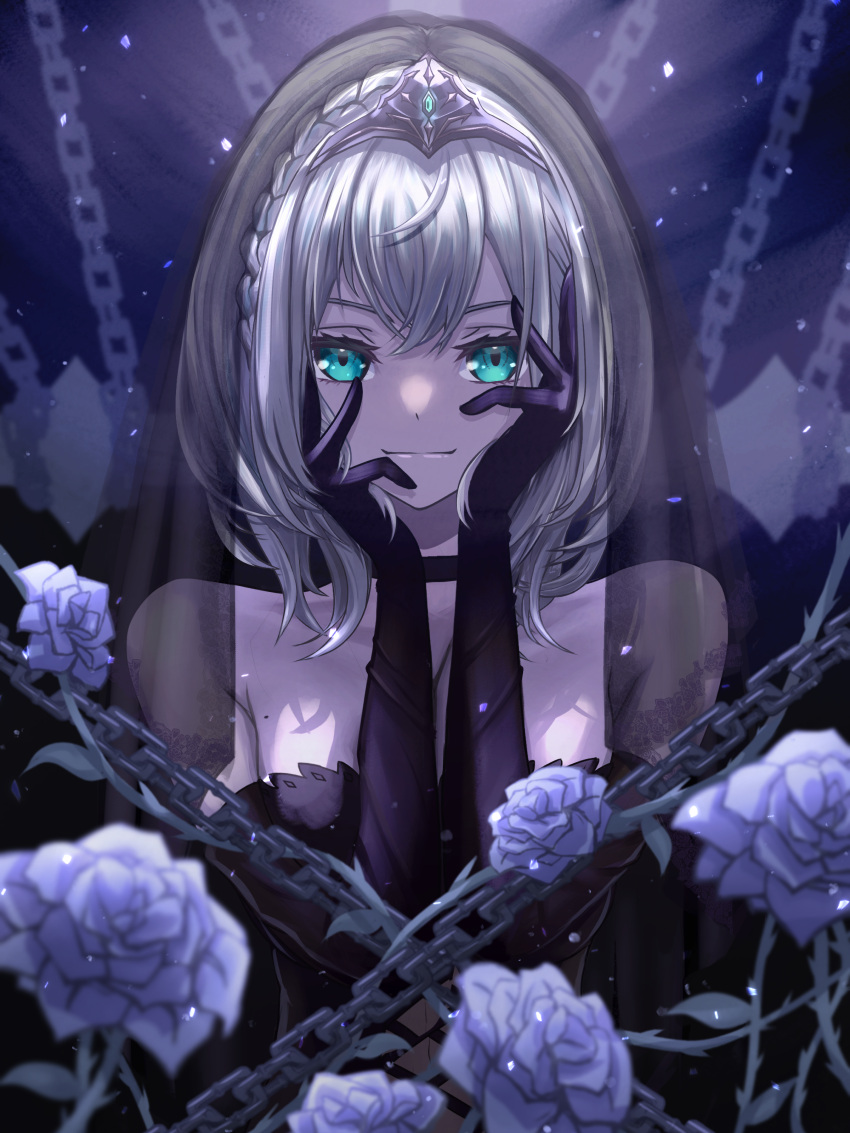 1girl absurdres bangs black_choker black_dress black_gloves braid chain choker closed_mouth crown_braid diadem dress elbow_gloves flower gloves green_eyes hair_between_eyes highres hololive long_hair looking_at_viewer plant roboqlo rose shiny shiny_hair shirogane_noel silver_hair sleeveless sleeveless_dress smile solo strapless strapless_dress upper_body veil vines virtual_youtuber white_flower white_rose