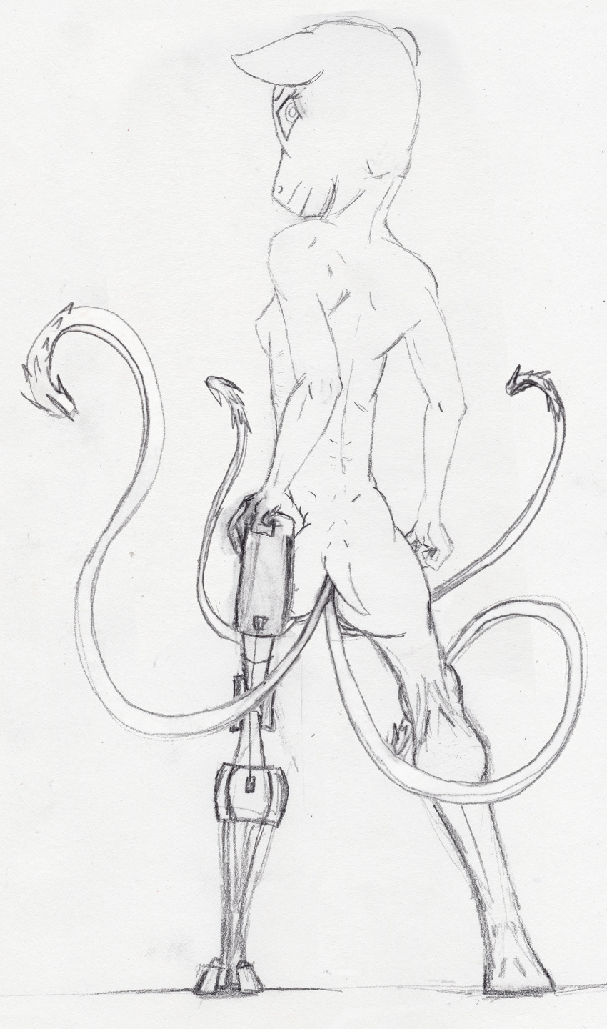 4_fingers anthro bald barbed_tentacle breasts butt earth_pony equid equine fan_character featureless_breasts female fingers hi_res hooves horse looking_at_viewer looking_back mammal monochrome multi_limb my_little_pony nude penis_tentacles pony prosthetic prosthetic_leg prosthetic_limb raepture rough_sketch side_boob sketch tentacles