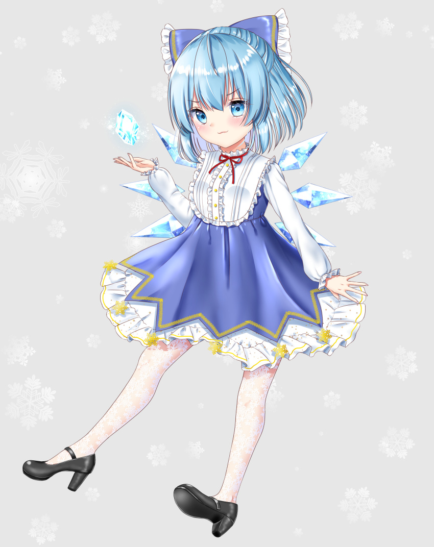 1girl :3 absurdres adapted_costume arm_up black_footwear blue_dress blue_eyes blue_hair blush bow cirno commentary_request dress embroidered_dress eyebrows_visible_through_hair full_body grey_background hair_between_eyes hair_bow half_updo high_heels highres ice lace lace_legwear layered_dress long_sleeves looking_at_viewer nyanyanoruru partial_commentary pinafore_dress shirt simple_background smile snowflake_background snowflakes solo touhou white_legwear white_shirt wings