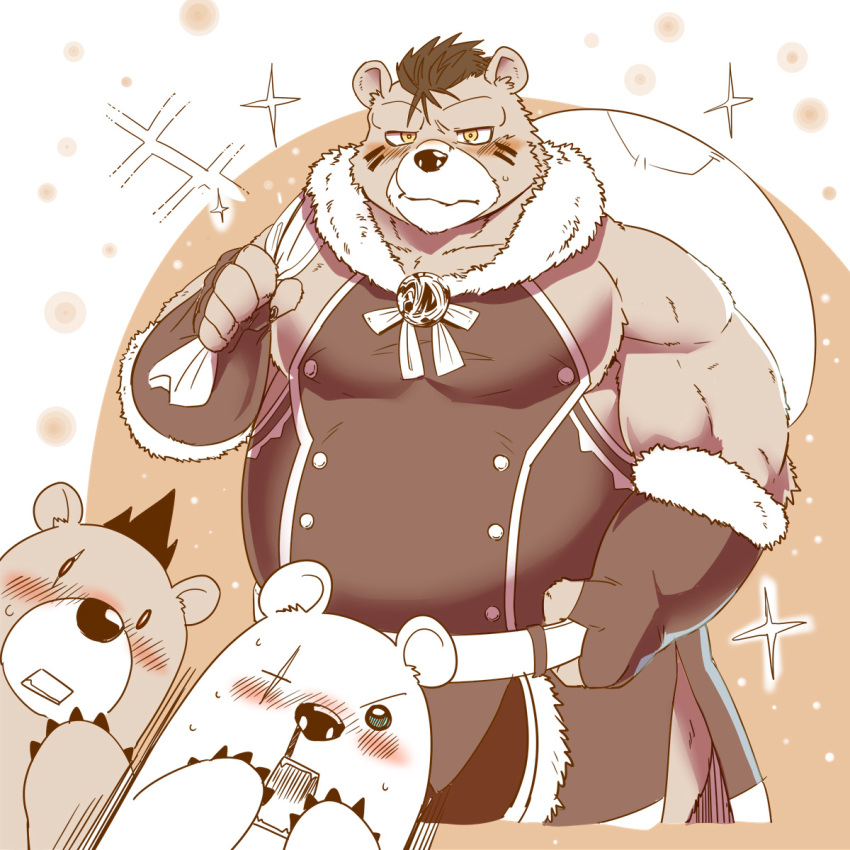 1:1 2019 anthro blush brown_body brown_fur christmas clothed clothing crushfang_(sdorica_sunset) dagger_(sdorica_sunset) facial_scar fur furygrowl group hi_res holidays humanoid_hands male mammal moku_nameko overweight overweight_male polar_bear scar sdorica sdorica_sunset ursid ursine white_body white_fur