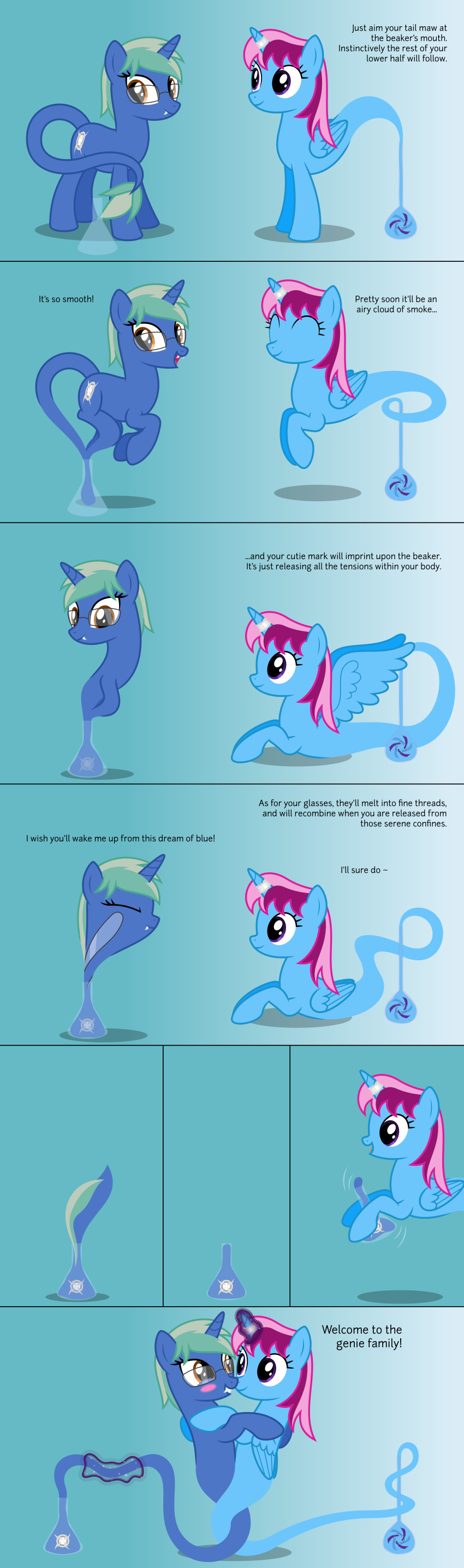 2019 absurd_res alternate_species blush bottle brown_eyes comic cutie_mark dialogue duo english_text equid eyewear fan_character fangs female feral friendship_is_magic genie glasses gradient_background green_hair hair happy hi_res horn horn_ring hug long_tail magic mammal my_little_pony parclytaxel pink_hair purple_eyes simple_background smile standing superabsurd_res text transformation unicorn winged_unicorn wings