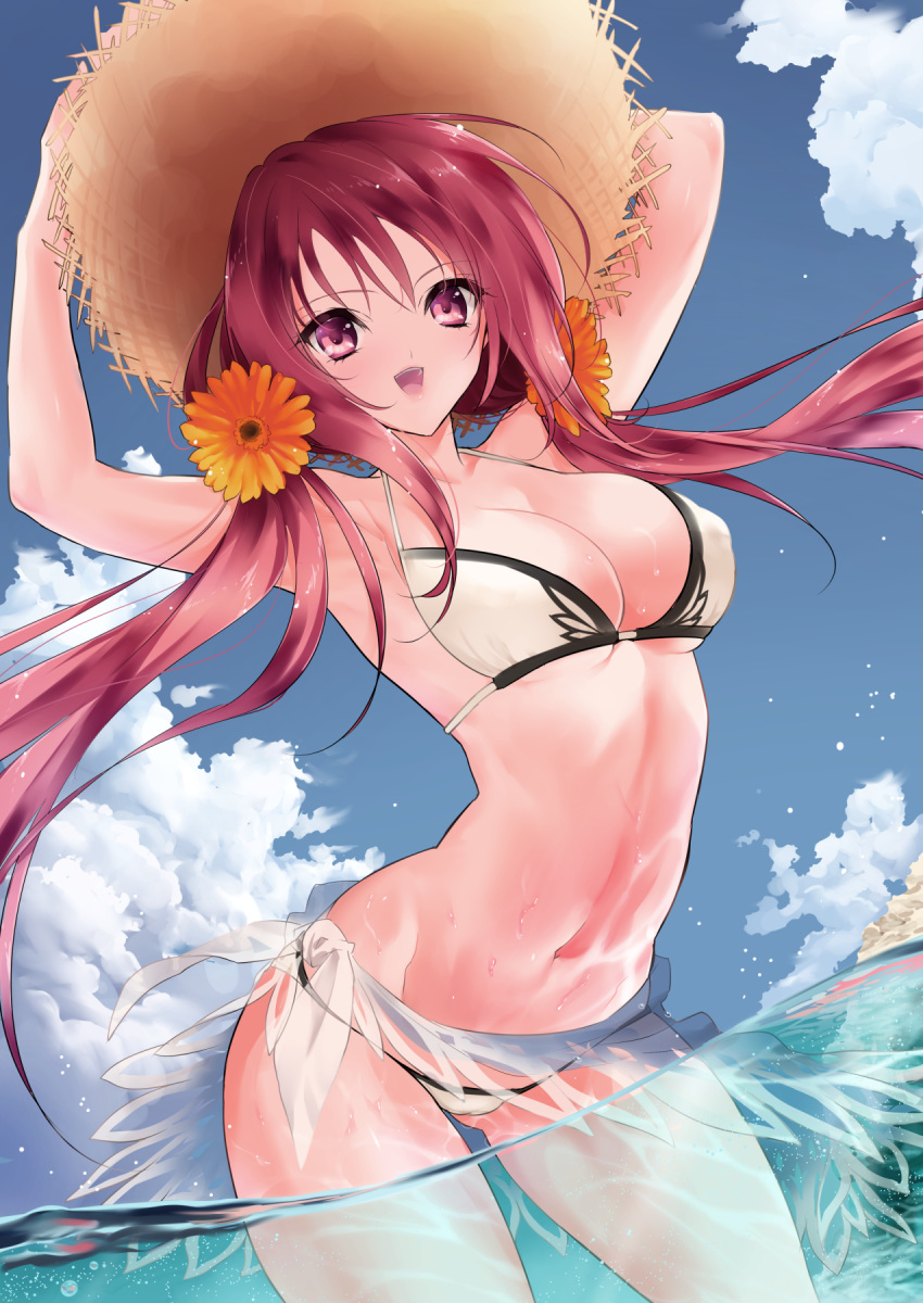 1girl :d arched_back armpits bikini breasts cloud contrapposto covered_nipples day flower hair_flower hair_ornament hat highres jako_(toyprn) long_hair looking_at_viewer medium_breasts nanaly_fletch navel ocean open_mouth orange_flower outdoors partially_submerged purple_eyes purple_hair sarong sky smile solo stomach straw_hat swimsuit tales_of_(series) tales_of_destiny_2 twintails very_long_hair wading water wet white_bikini