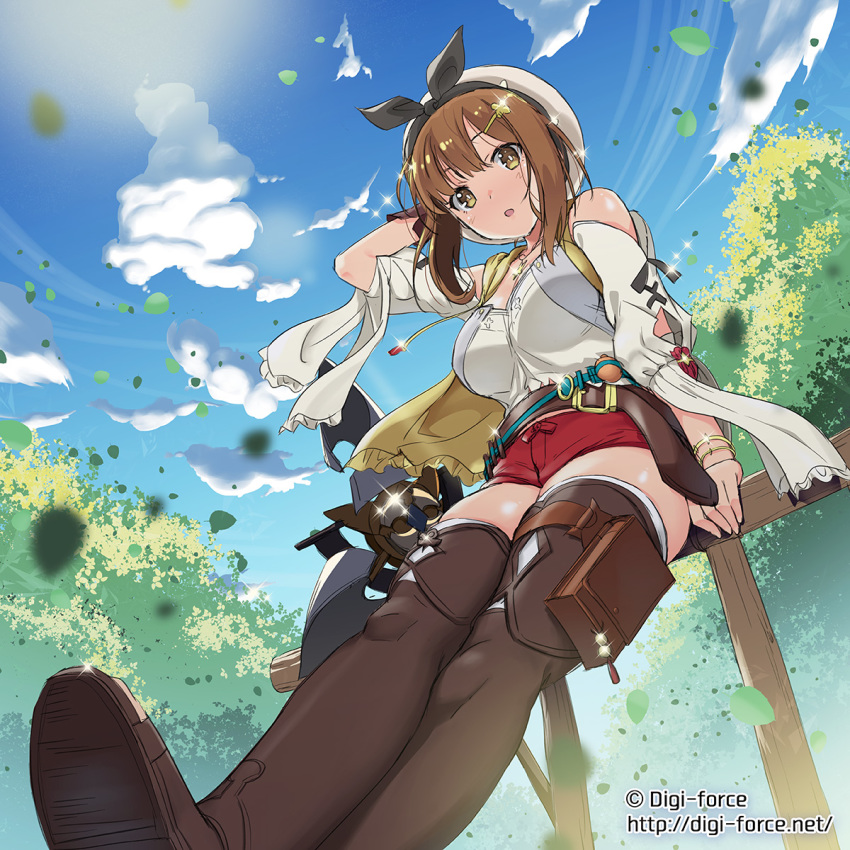 1girl :o atelier_(series) atelier_ryza belt blue_sky blush bracelet breasts brown_belt brown_eyes brown_gloves brown_hair brown_legwear cloud commentary_request day from_below gloves hair_ornament hairclip hat highres jewelry kimura_shigetaka looking_at_viewer outdoors red_shorts reisalin_stout short_hair short_shorts shorts sitting sky solo thighhighs thighs watermark web_address white_headwear white_legwear