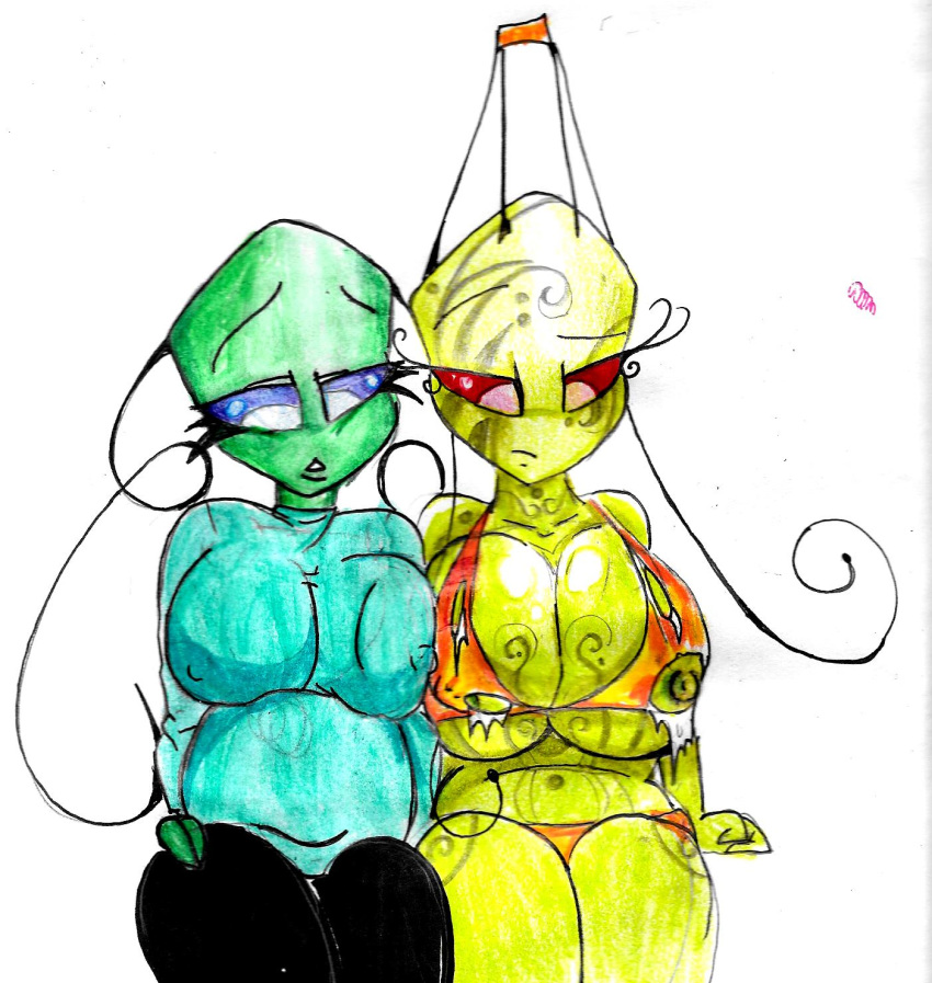 3_fingers alien anonymousinvader24 antennae_(anatomy) aqua_(anonymousinvader24) belly big_belly big_breasts bikini blue_eyes breasts clothed clothing duo fan_character female female/female fingers fully_clothed green_body green_skin hi_res humanoid invader_zim irken leaning markings nickelodeon nipples painting_(artwork) partially_clothed red_eyes side_boob simple_background swimwear traditional_media_(artwork) under_boob watercolor_(artwork) yellow_body yellow_skin zisha
