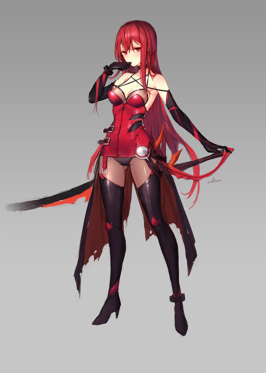 1girl ass_visible_through_thighs bare_shoulders black_footwear black_gloves black_panties bodysuit boots breasts choker cleavage crimson_avenger_(elsword) dress elbow_gloves elesis_(elsword) elsword full_body gloves grey_background hand_up high_heel_boots high_heels highres holding holding_sword holding_weapon leotard long_hair looking_at_viewer medium_breasts panties red_dress red_eyes red_hair sidelocks signature simple_background solo standing swd3e2 sword thigh_boots thighhighs underwear very_long_hair weapon