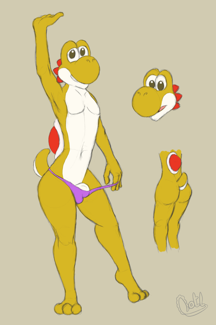 2019 anthro anthrofied butt clothed clothing digital_media_(artwork) dinosaur grin hi_res lewd_lotl male mario_bros multiple_images nintendo penis raised_arm reptile scalie sketch smile solo standing topless underwear video_games yellow_yoshi yoshi