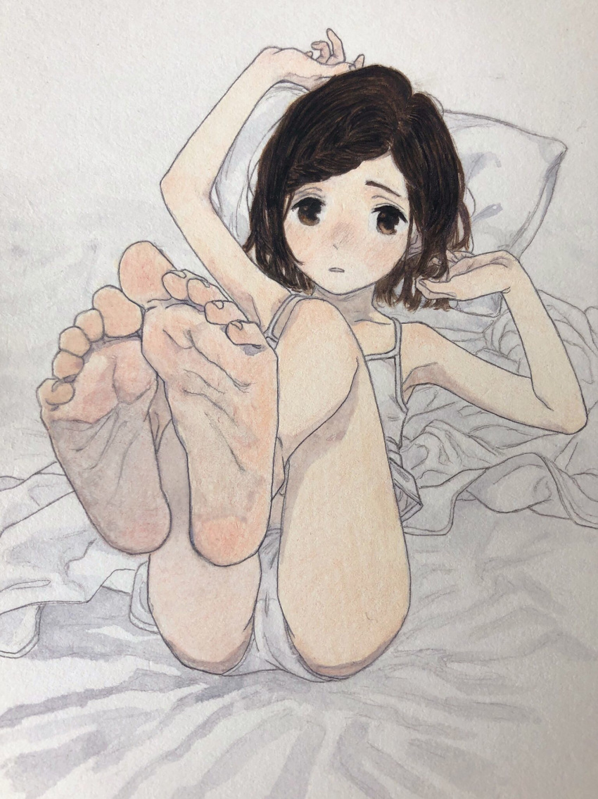 1girl bare_arms bare_legs bare_shoulders barefoot brown_eyes brown_hair camisole feet full_body head_on_pillow highres legs_up looking_at_viewer lying on_back original panties pov_feet short_hair soles solo traditional_media tsuntsuke underwear underwear_only white_camisole white_panties