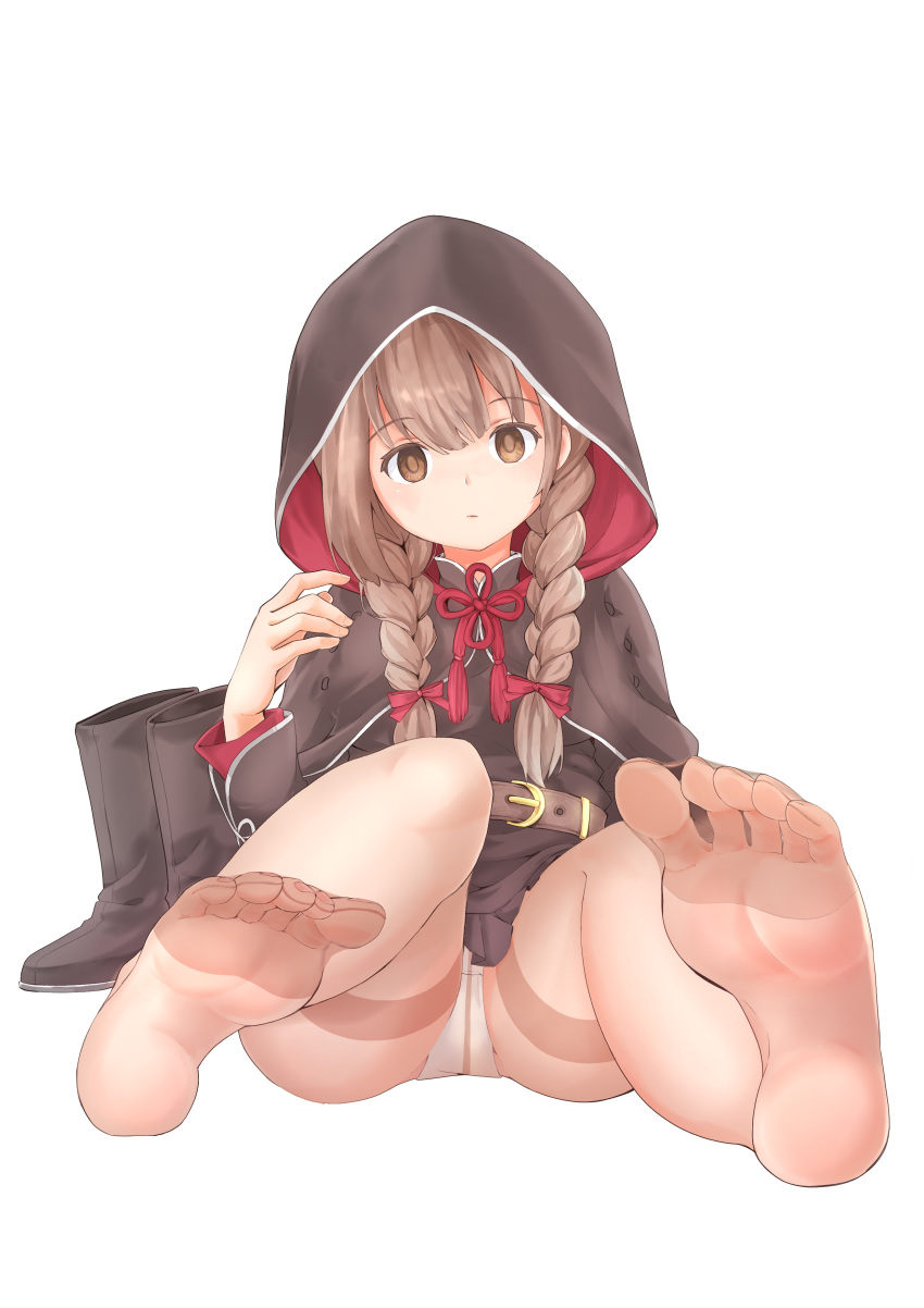 1girl absurdres belt black_capelet black_dress blush braid breasts brown_belt brown_eyes brown_hair capelet closed_mouth dress eyebrows_visible_through_hair fsey5372 hair_ribbon highres hood hooded_capelet kantai_collection large_breasts long_hair long_sleeves no_shoes panties panties_under_pantyhose pantyhose pleated_dress red_ribbon ribbon shinshuu_maru_(kantai_collection) simple_background solo twin_braids underwear white_panties