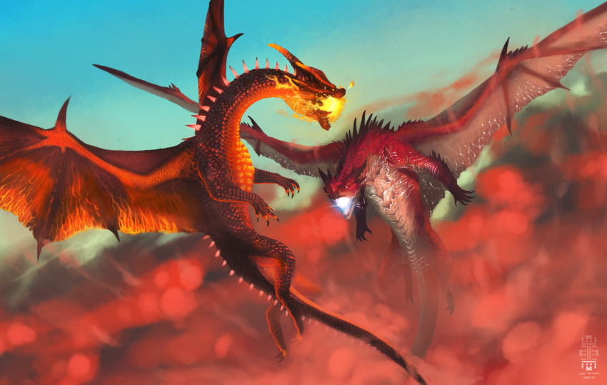 2019 ambiguous_gender capcom claws crimson_fatalis day detailed_background digitial dragon duo elder_dragon fatalis feral fire hi_res horn jun&sup2;_tacuyan lone-scarab membrane_(anatomy) membranous_wings monster_hunter open_mouth outside red_body red_scales safi'jiiva scales scalie sky spines teeth tongue video_games western_dragon wings