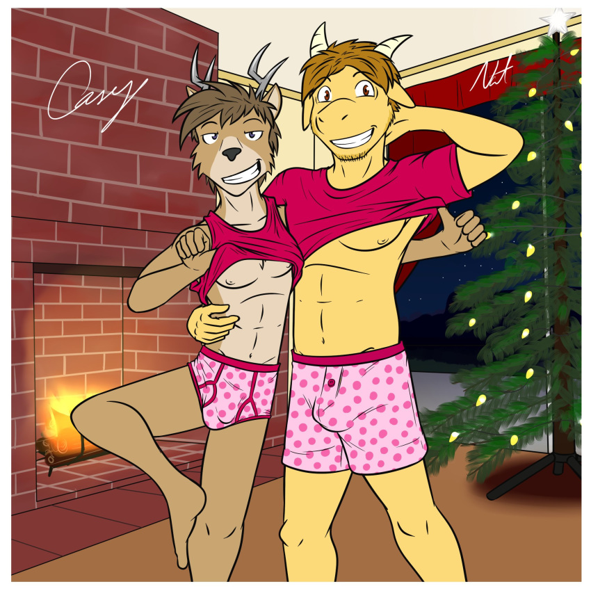 1:1 anthro antlers beard bovid boxers_(clothing) briefs bulge caprine casey_ramser cervid christmas clothed clothing clothing_lift duo facial_hair father father_and_child father_and_son fuze goat hi_res holidays horn male mammal navel nipples parent parent_and_child shirt shirt_lift son t-shirt tank_top texnatsu topwear underwear