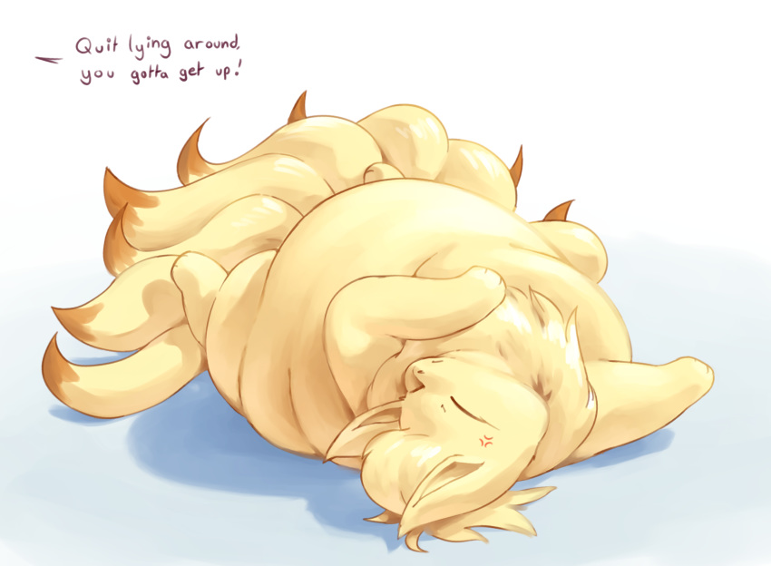 2019 ambiguous_gender annoyed belly big_belly english_text eyes_closed feral hi_res lying multi_tail ninetales nintendo obese on_back overweight pok&eacute;mon pok&eacute;mon_(species) simple_background solo text veiukket video_games white_background