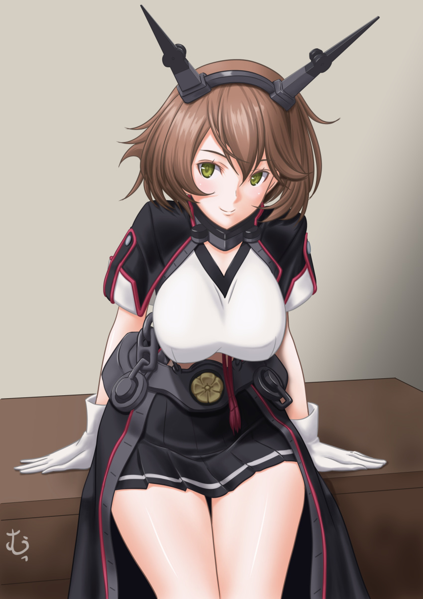 1girl breasts brown_hair commentary_request flipped_hair gloves green_eyes hairband headgear highres kantai_collection large_breasts midriff miniskirt mutsu_(kantai_collection) radio_antenna remodel_(kantai_collection) short_hair sitting skirt smile solo t2r white_gloves