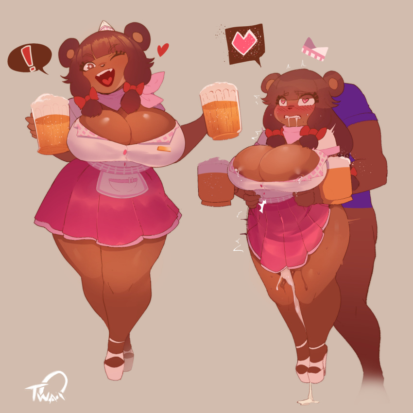 ! &lt;3 &lt;3_eyes 1:1 2019 alcohol ambiguous_penetration anthro areola areola_slip beau_(luxurias) beverage big_breasts blush bodily_fluids bottomwear breasts brown_background brown_bear brown_body brown_fur brown_hair clenched_teeth clothed clothing cum curvy_figure dark_fur dialogue drooling duo english_text female female_focus footwear fully_clothed fur genital_fluids grizzly_bear hair hat headgear headwear hi_res high_heels holding_object lactating long_hair maid_uniform mammal multiple_images one_eye_closed open_mouth open_smile penetration pictographics saliva sex shoes signature simple_background size_difference skirt smaller_female smile solo_focus speech_bubble stand_and_carry_position standing standing_sex surprise teeth text thiccwithaq uniform ursid ursine voluptuous wide_hips wink
