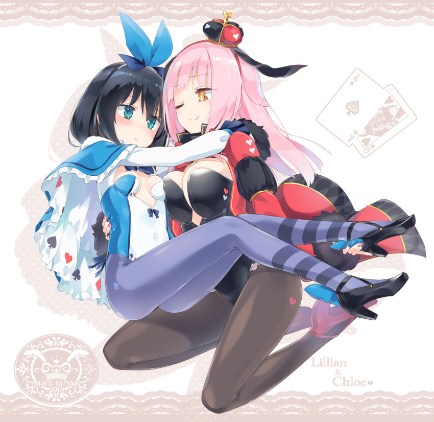 2girls adapted_costume alice_(wonderland) alice_(wonderland)_(cosplay) alice_in_wonderland animal_ears black_footwear black_hair blue_cape blue_eyes breasts bunny_ears bunny_girl bunnysuit cape card carrying club_(shape) commentary_request cosplay crown detached_sleeves diamond_(shape) grey_legwear hairband heart high_heels highres homura_subaru leotard long_hair medium_breasts mini_crown multiple_girls nail_polish orange_eyes original pantyhose pink_hair playboy_bunny_leotard playing_card playing_card_theme princess_carry queen_of_hearts queen_of_hearts_(cosplay) red_footwear short_hair shrug_(clothing) small_breasts spade_(shape) strapless strapless_leotard two-tone_leotard yuri