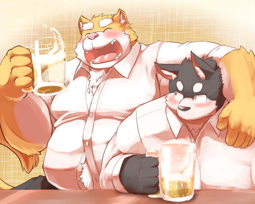 2015 alcohol anthro beer belly beverage blush canid canine clothing duo eyes_closed humanoid_hands male mammal mitei mti777 overweight overweight_male pink_nose shirt topwear