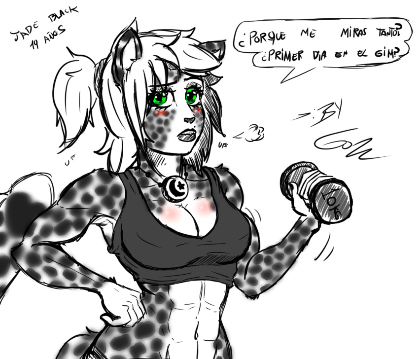 &lt;3 (gosht) 2019 age_difference animal_humanoid beauty_brand bell bell_collar big_breasts biped breasts claws clothed clothing collar darkchakal digital_media_(artwork) domestic_cat felid felid_humanoid feline felis female fur green_eyes hair hanging_breasts humanoid invalid_tag jade_black jade_eyes looking_pleasured mammal mammal_humanoid muescle muscle_girl muscular pantherine pantherine_humanoid simple_background sketch spanish teenager text tied_hair white_background young