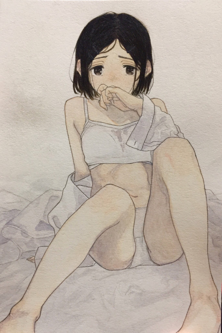 1girl black_hair camisole crop_top dress_shirt hair_ornament hairclip hand_to_own_mouth highres knees_up legs navel open_clothes open_shirt original panties shirt short_hair sitting solo traditional_media tsuntsuke underwear white_camisole white_panties