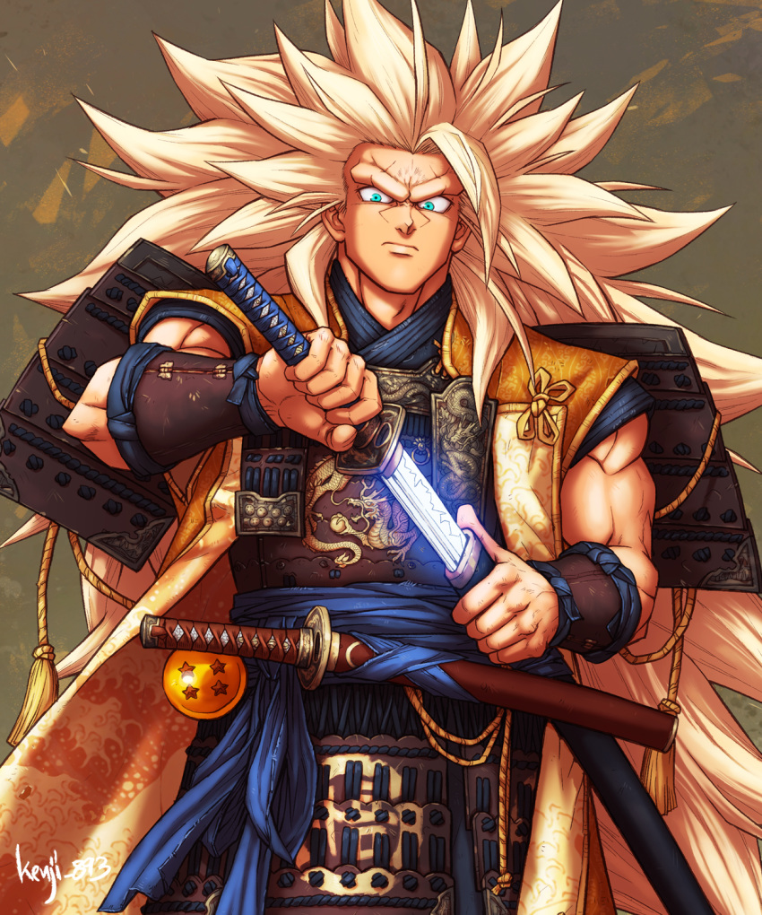 1boy aqua_eyes armor artist_name blonde_hair commentary dragon_ball dragon_ball_(object) dragon_ball_z guillem_dauden highres japanese_armor long_hair looking_at_viewer no_eyebrows samurai serious sheath solo son_gokuu spiked_hair super_saiyan_3 sword unsheathing very_long_hair weapon