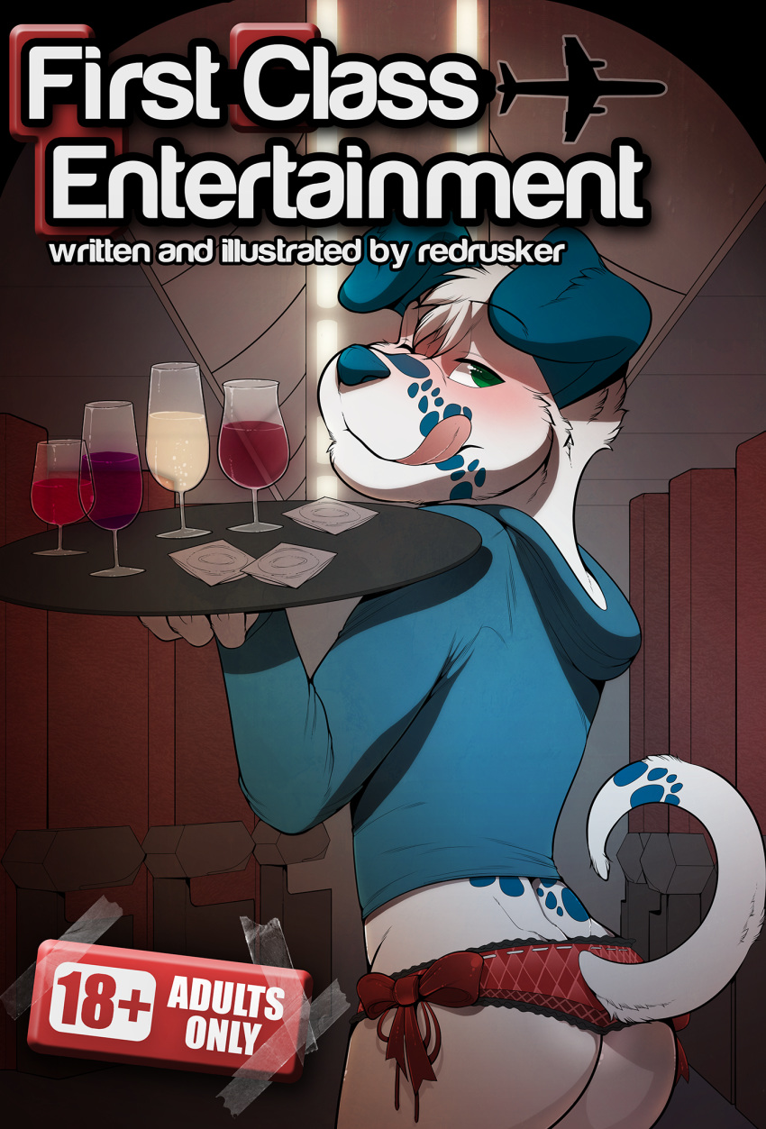 2014 aircraft airplane alcohol anthro beverage blue_nose blue_spots blush bow butt canid canine canis champagne clothed clothing comic condom cover cover_page crossdressing dalmatian digital_media_(artwork) domestic_dog english_text fur furgonomics glass green_eyes hi_res hoodie inside licking licking_lips looking_at_viewer looking_back male mammal one_eye_closed panties platter raised_tail rear_view redrusker ribbons sea_salt self_lick shirt solo spots standing tail_clothing text tongue tongue_out topwear underwear white_body white_fur wine