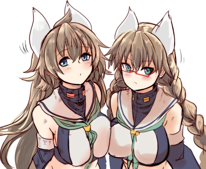 2girls animal_ears azur_lane bangs between_breasts blue_eyes blush braid breast_press breasts brown_hair commentary_request crop_top detached_sleeves eyebrows_visible_through_hair furutaka_(azur_lane) glasses gloves hey_taishou highres kako_(azur_lane) large_breasts long_hair midriff multiple_girls retrofit_(azur_lane) sailor_collar school_uniform semi-rimless_eyewear twin_braids under-rim_eyewear white_gloves