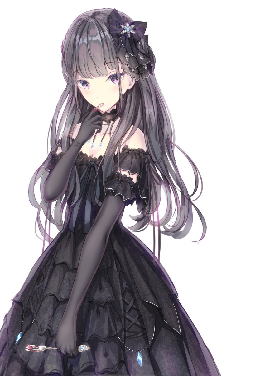 1girl bangs black_choker black_dress black_gloves blunt_bangs blush bow braid breasts choker dress elbow_gloves finger_licking finger_to_mouth fork gem gloves gothic hair_bow hair_ornament hand_up headdress highres holding holding_fork jewelry licking lolita_fashion long_hair long_skirt looking_at_viewer missile228 original pendant purple_eyes purple_hair simple_background skirt small_breasts white_background