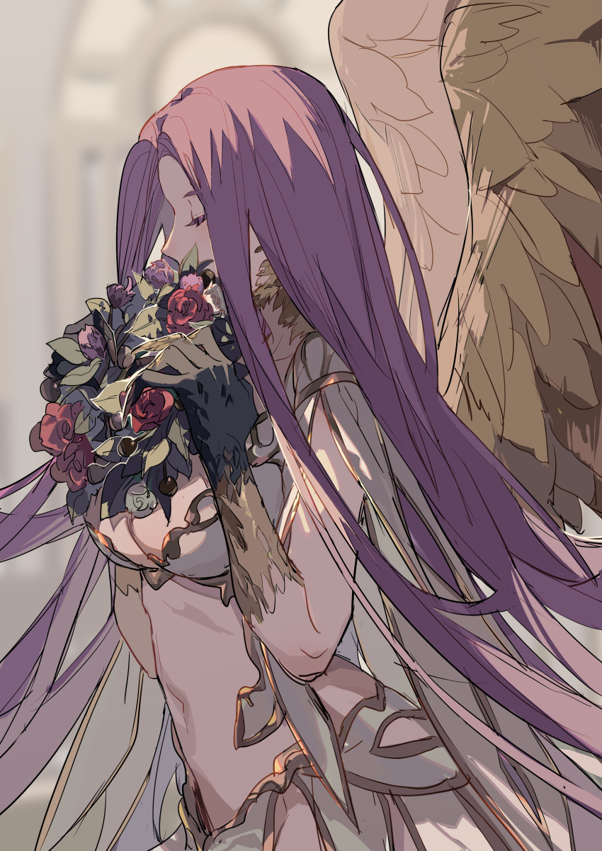 1girl absurdres blurry blurry_background breasts closed_eyes fate/grand_order fate_(series) gorgon_(fate) highres long_hair midriff monster_girl purple_hair sketch solo very_long_hair wings wreath zhibuji_loom