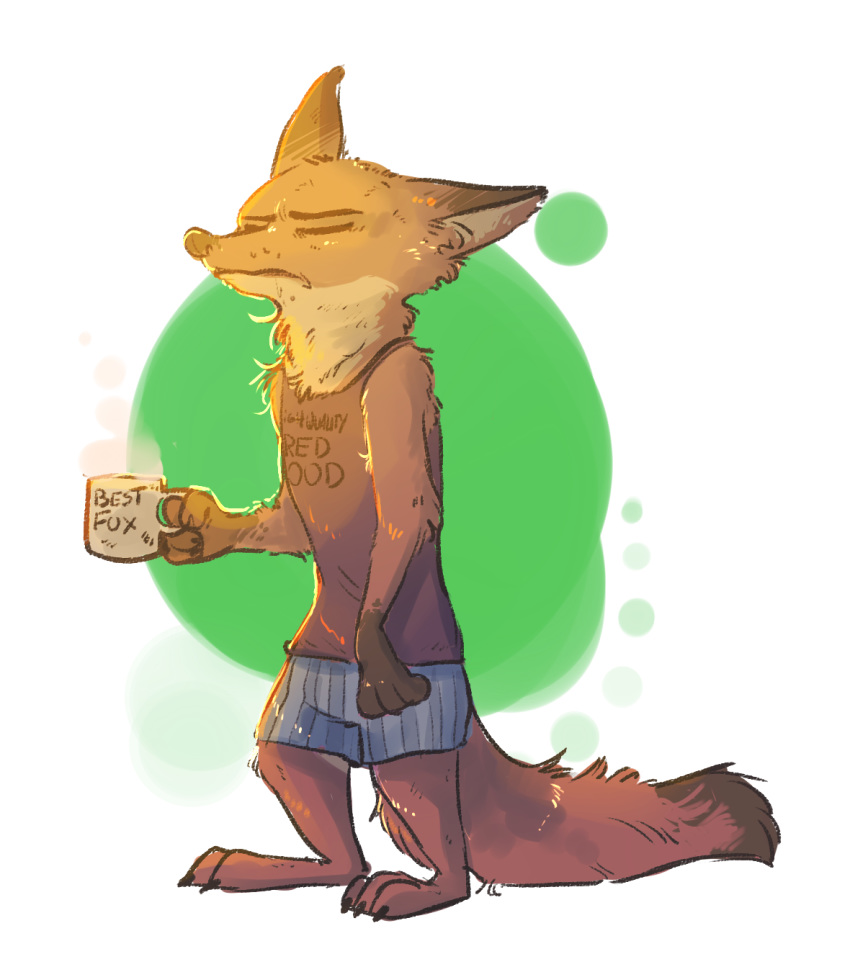 2017 ahappypichu-mod anthro boxers_(clothing) brown_body brown_fur canid canine clothed clothing disney eyes_closed fox fur gloves_(marking) holding_cup holding_object light lighting mammal markings nick_wilde red_fox shirt simple_background solo standing steam tank_top tired topwear underwear zootopia