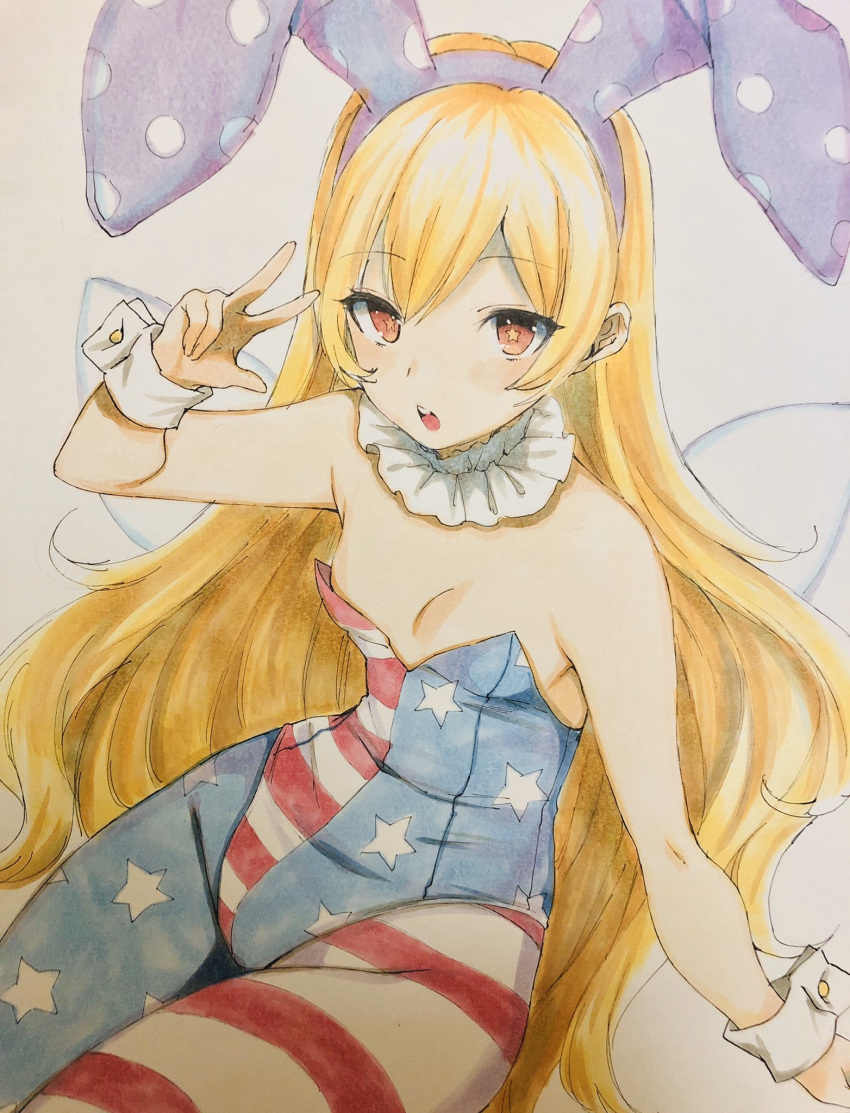 1girl adapted_costume american_flag american_flag_legwear american_flag_print animal_ears bangs bare_arms bare_shoulders blonde_hair blue_legwear blush breasts bunny_ears bunnysuit clownpiece commentary_request cowboy_shot eyebrows_visible_through_hair fairy_wings fake_animal_ears flag_print grey_background hairband hand_up highres leotard long_hair looking_at_viewer marota neck_ruff open_mouth pantyhose polka_dot purple_hairband red_eyes red_legwear sitting small_breasts solo star star-shaped_pupils star_print strapless strapless_leotard striped striped_legwear symbol-shaped_pupils thighs touhou traditional_media very_long_hair w white_legwear wings wrist_cuffs