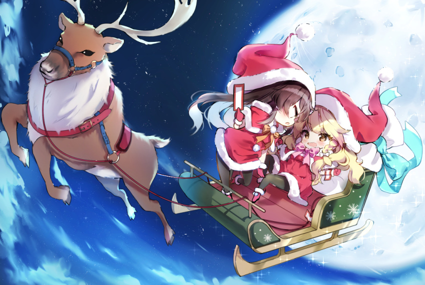 2girls aqua_ribbon black_legwear boots bow bowtie braid brown_hair capelet chibi cloud commentary_request dress full_moon hair_bow hakurei_reimu hat holding kirisame_marisa long_hair looking_at_another moon multiple_girls night night_sky open_mouth outdoors pantyhose pink_bow pink_neckwear piyokichi pom_pom_(clothes) profile red_capelet red_dress red_footwear red_headwear reindeer ribbon santa_hat single_braid sitting sky sleigh touhou white_bow yellow_bow yellow_neckwear