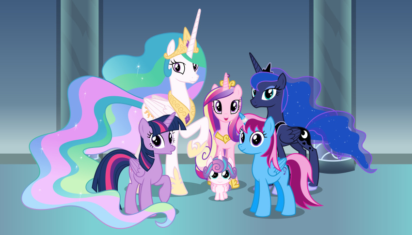 2018 7:4 absurd_res crown cub detailed_background equid ethereal_hair fan_character female feral flurry_heart_(mlp) friendship_is_magic group hair hi_res horn inside jewelry looking_at_viewer mammal multicolored_hair my_little_pony necklace one_leg_up open_mouth parcly_taxel parclytaxel pink_hair princess_cadance_(mlp) princess_celestia_(mlp) princess_luna_(mlp) pseudo_hair purple_hair raised_leg regalia smile superabsurd_res twilight_sparkle_(mlp) winged_unicorn wings young