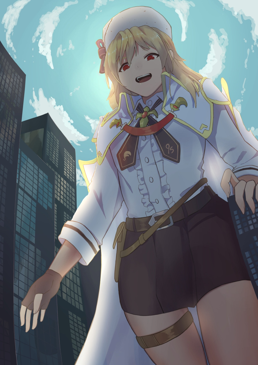 1girl bangs blonde_hair brown_gloves brown_skirt building city cloud commentary commission cowboy_shot day english_commentary fingerless_gloves fur_hat giantess girls_frontline gloves hat highres long_hair long_sleeves nagant_revolver_(girls_frontline) open_mouth red_eyes shirt shiryuu_akira skirt sky smile solo ushanka white_headwear white_shirt