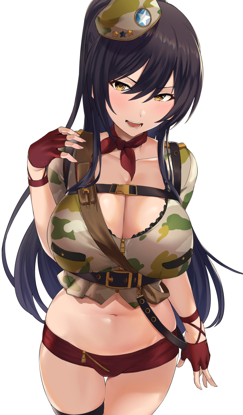 1girl absurdres arm_at_side bangs black_hair blush breasts buckle camouflage cleavage collarbone commentary_request cowboy_shot crop_top eyebrows_visible_through_hair fingerless_gloves frills fujitsubo_(hujitubo0731) gloves hair_between_eyes highres idolmaster idolmaster_shiny_colors large_breasts long_hair neck_ribbon red_gloves red_neckwear red_ribbon red_shorts ribbon shirase_sakuya short_shorts short_sleeves shorts side_ponytail solo star thigh_gap thigh_strap underbust v-shaped_eyebrows very_long_hair yellow_eyes zipper_pull_tab