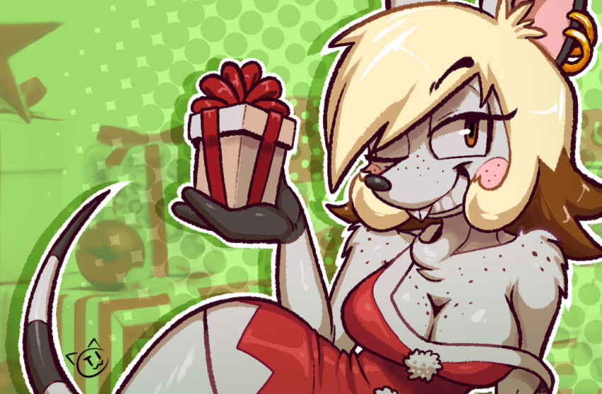 2019 amber_eyes animal_crossing anthro bella_(animal_crossing) black_body black_fur black_nose blonde_hair blush breasts buckteeth chest_tuft christmas cleavage clothed clothing conditional_dnp costume ear_piercing ear_ring eyelashes female freckles fur gift green_background hair holidays mammal mouse multicolored_body multicolored_fur murid murine nintendo one_eye_closed piercing rodent simple_background solo striped_tail stripes teckworks teeth tuft video_games white_body white_fur wide_hips wink